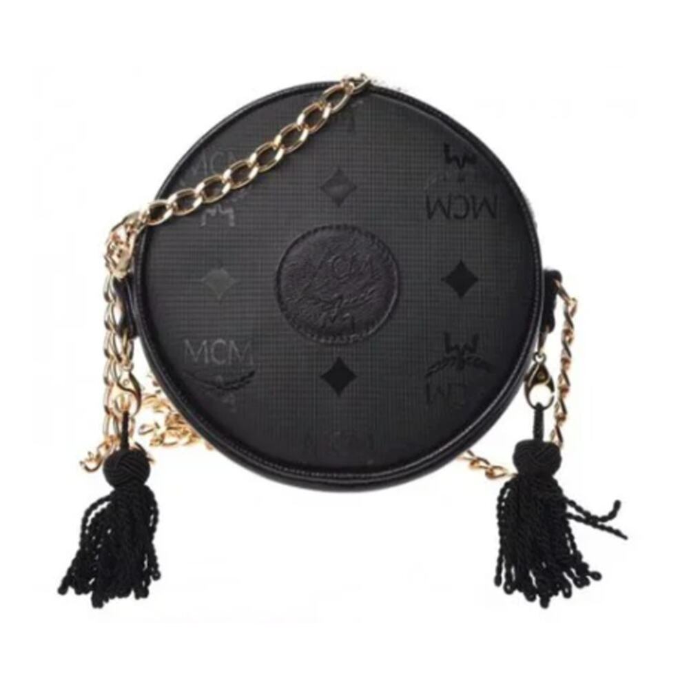 MCM Black Signature Jacquard Canvas and Leather Circle Crossbody Bag (MCXX172)